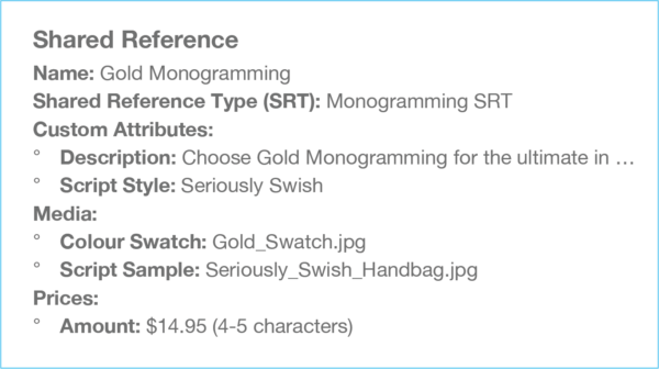 Example of a shared reference in the Comestri's pim for ecommerce - Gold Monograming