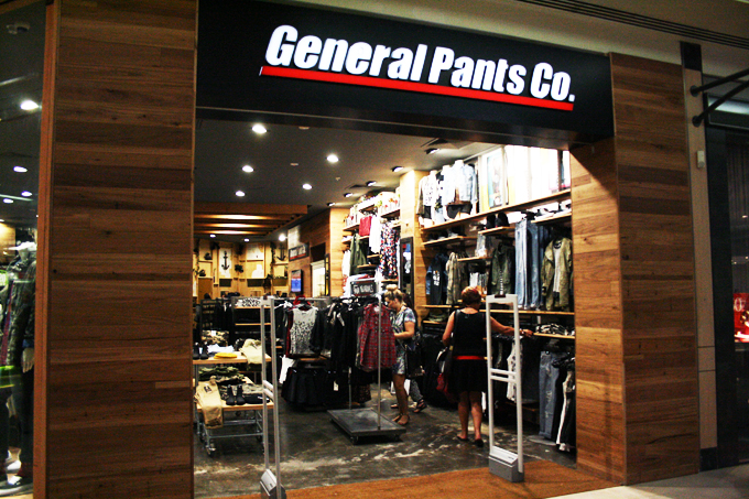 Front of a General Pants store. There are 2 ladies shopping.