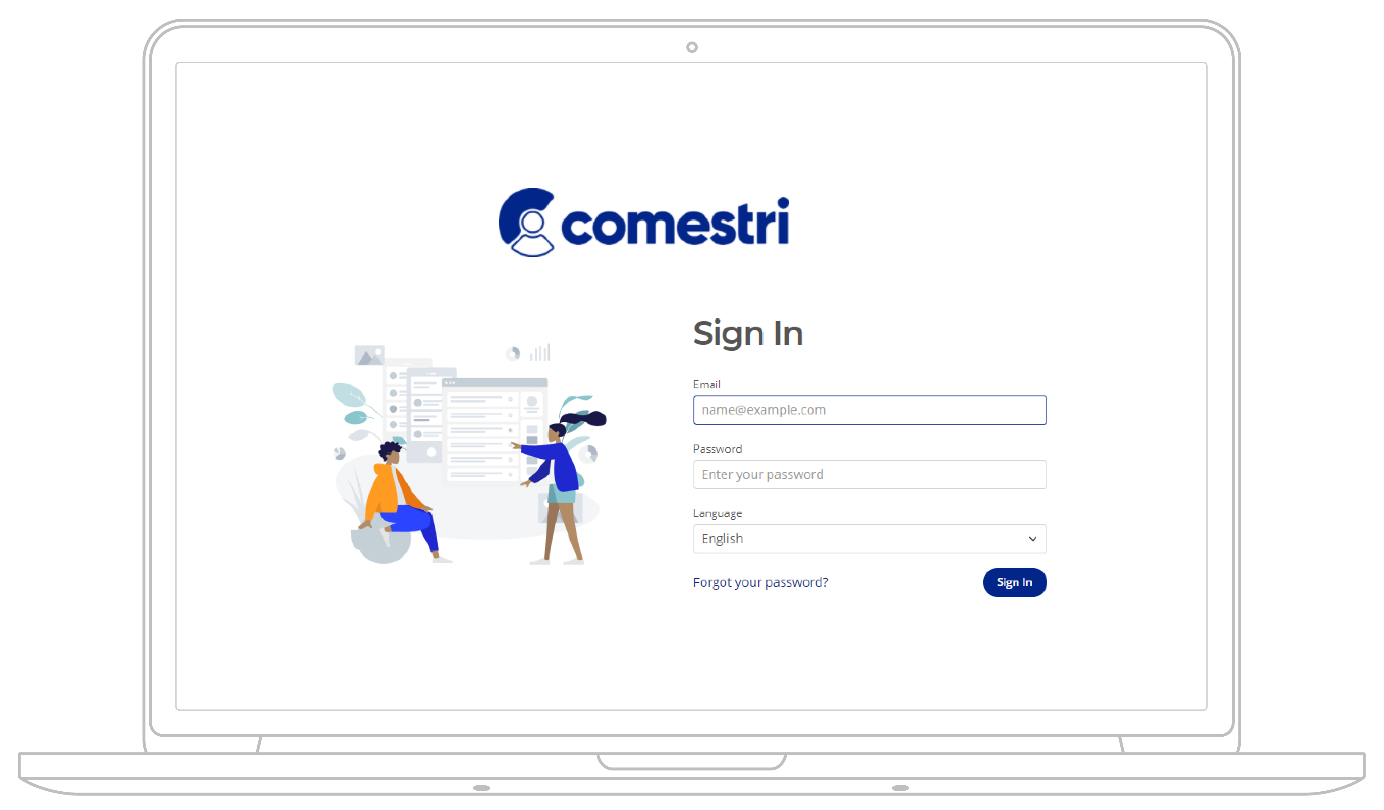 Comestri platform sign in screen on laptop