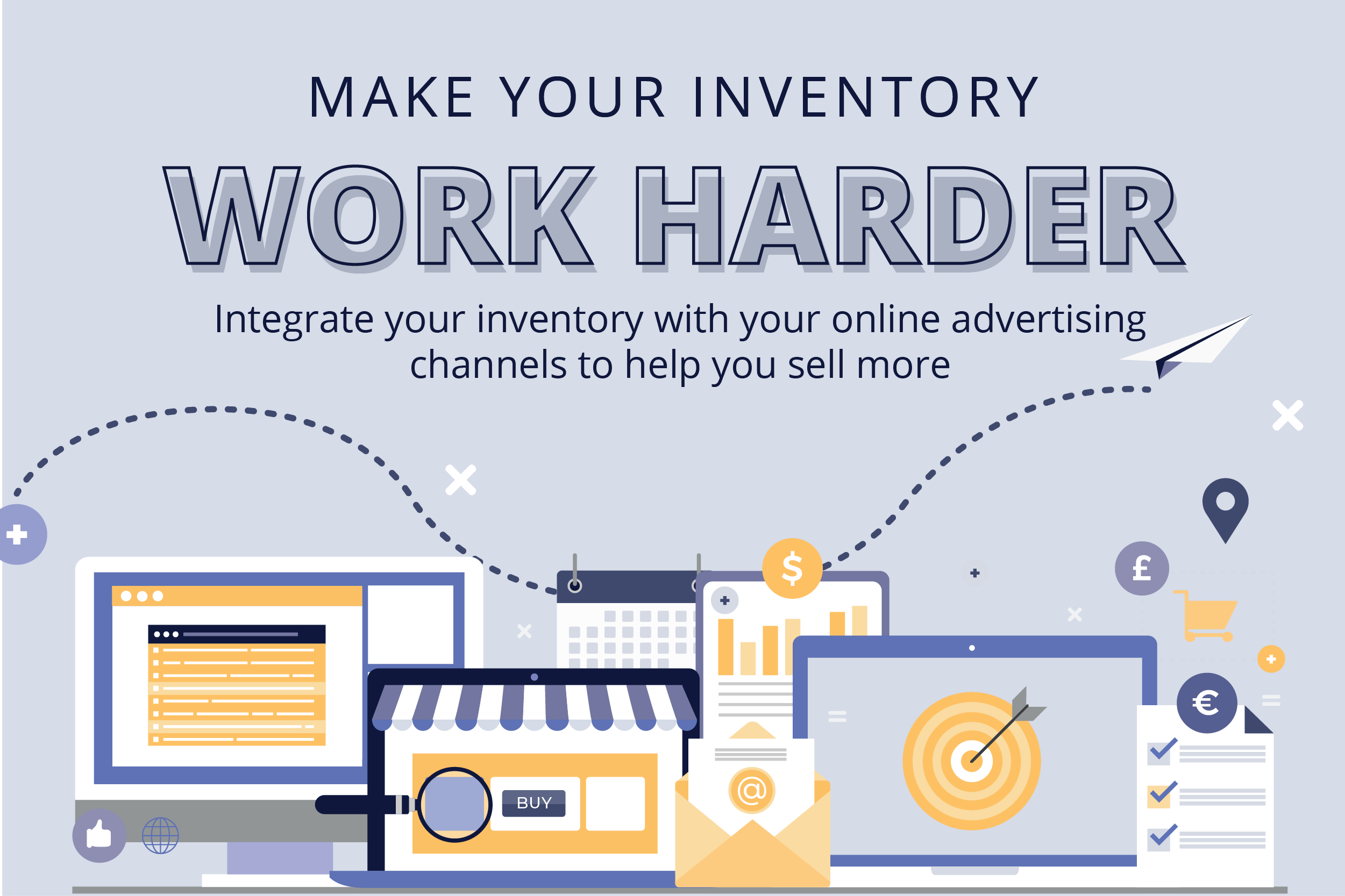 Make your inventory work harder - illustration of laptops, screens and dollar icons