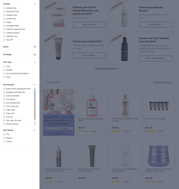 Adore Beauty Website filtering. Help customers filter the categories and products they want