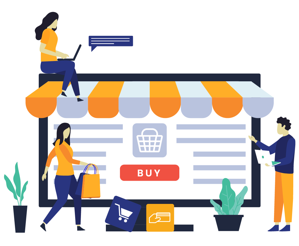 icon - online shopping with 3 people