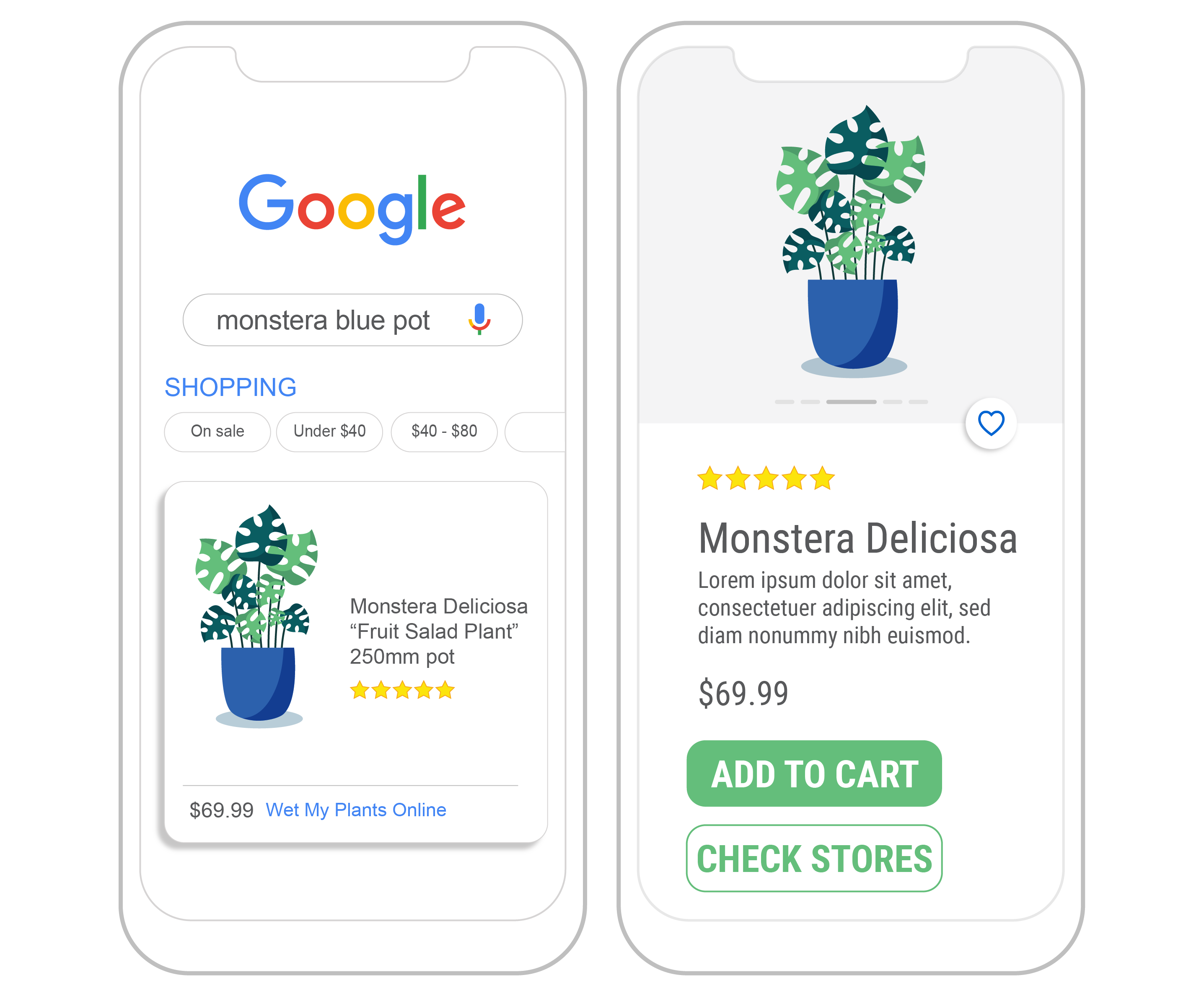 2 phones showing Google shopping