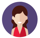 Icon lady on a purple circle background. She has brown hair and a red top.