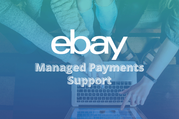 3 people sitting in front of a laptop pointing. Text reads: ebay management payments support