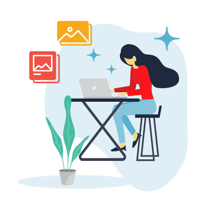 Illustration of a woman sitting at a desk on a laptop plus a pot plant